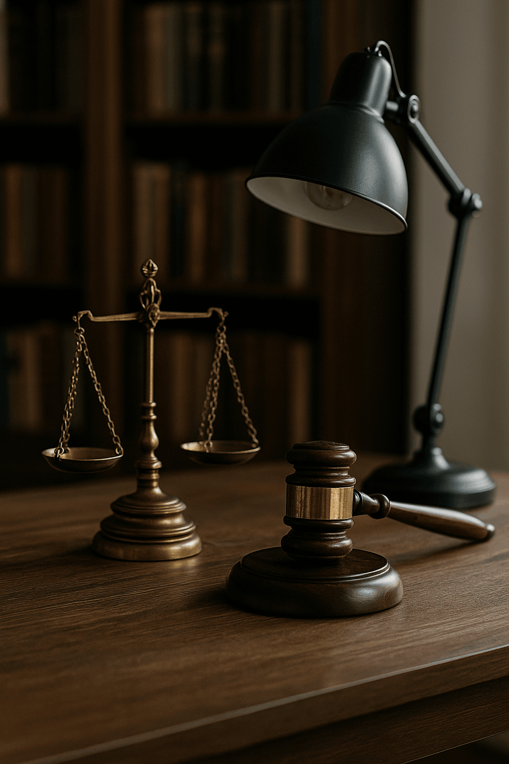 Michigan product liability legal setting with a gavel, brass balance scale, and desk lamp in a traditional law office.