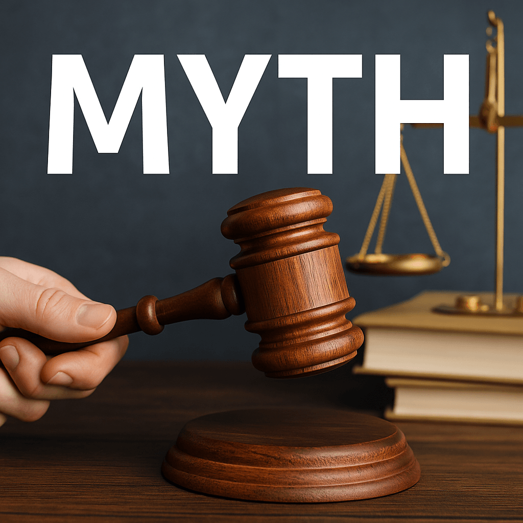 Michigan product liability myth visual featuring a wooden gavel in hand with brass scales and the concept of legal misconceptions.