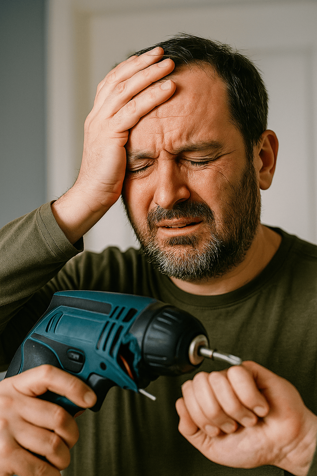 Michigan product liability injury with man holding damaged drill and expressing pain.